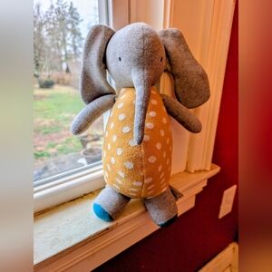 Handcrafted Knitted Plush Elephant w/ Yellow Polka Dotted Belly Quirky Fun 13.5"